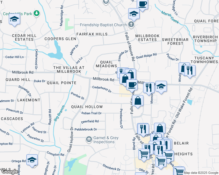 map of restaurants, bars, coffee shops, grocery stores, and more near 1021 Cedarhurst Drive in Raleigh