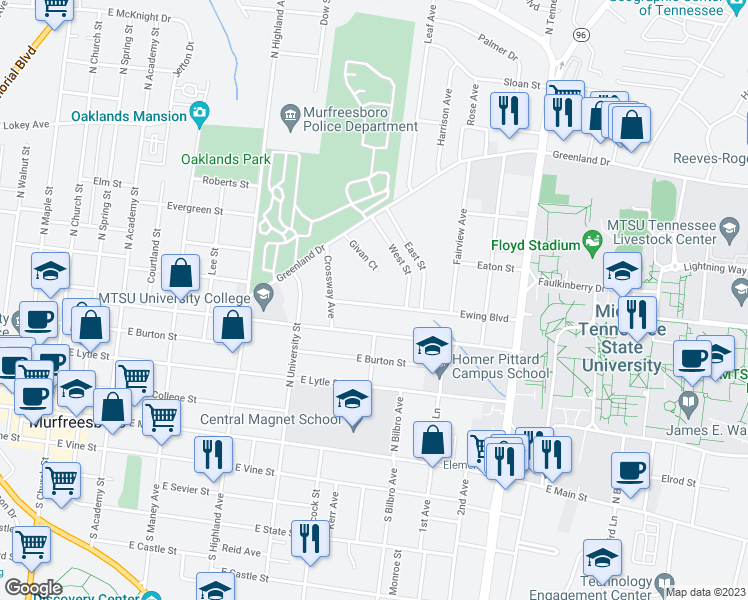 map of restaurants, bars, coffee shops, grocery stores, and more near 723 Ewing Boulevard in Murfreesboro