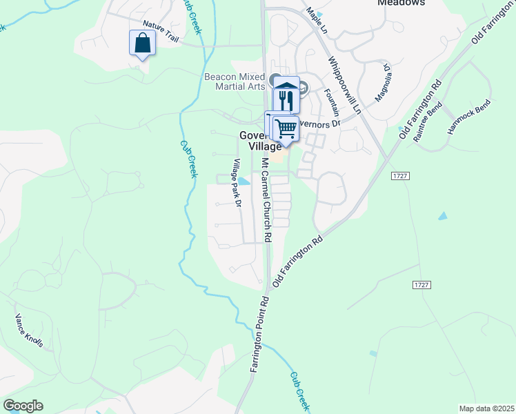 map of restaurants, bars, coffee shops, grocery stores, and more near 30016 Village Park Drive in Chapel Hill
