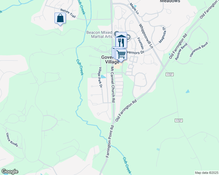map of restaurants, bars, coffee shops, grocery stores, and more near 30016 Village Park Drive in Chapel Hill