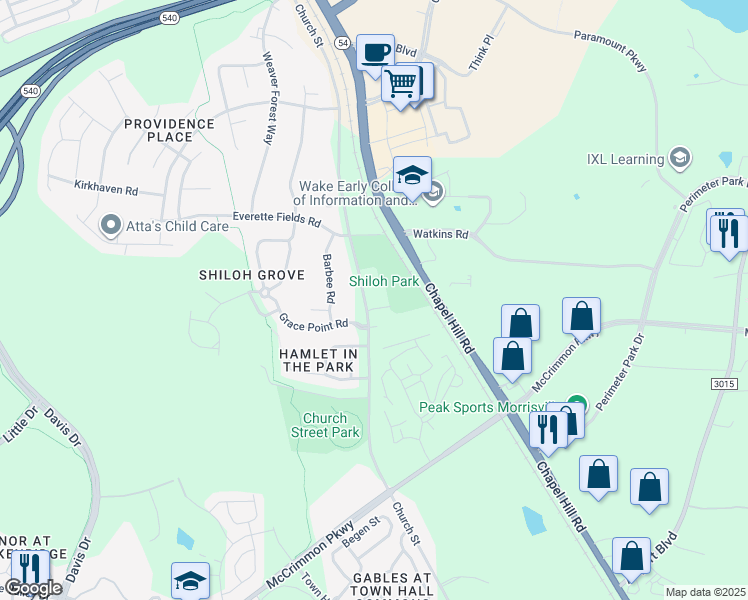 map of restaurants, bars, coffee shops, grocery stores, and more near 916 Church Street in Morrisville