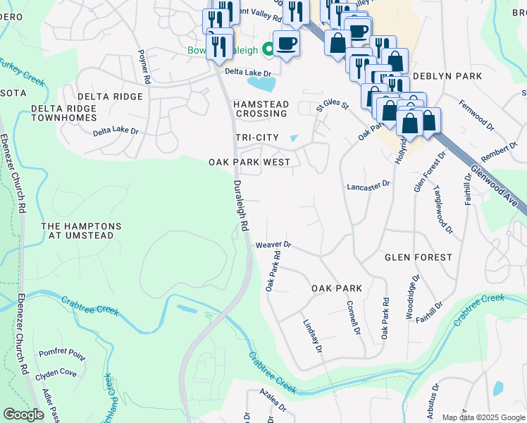 map of restaurants, bars, coffee shops, grocery stores, and more near 4821 Kilkenny Place in Raleigh