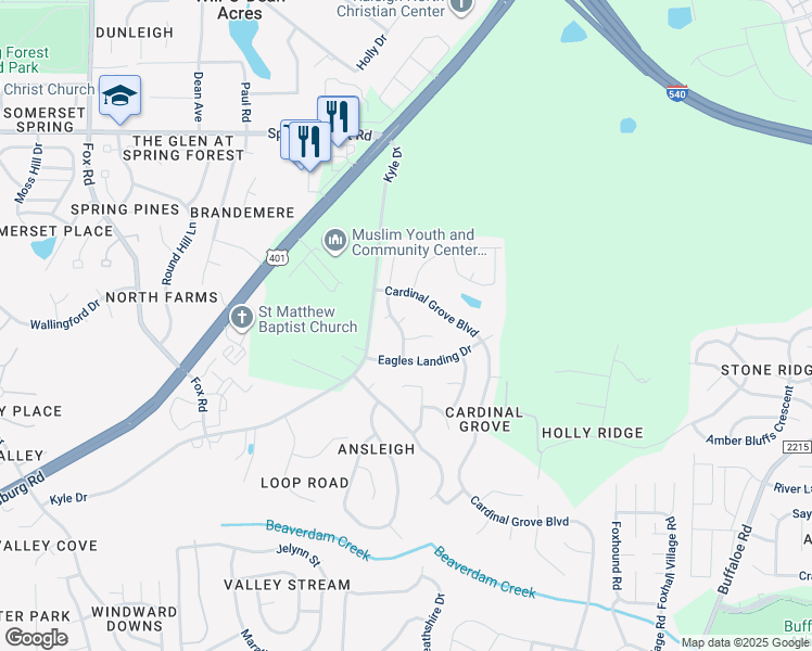 map of restaurants, bars, coffee shops, grocery stores, and more near 5200 Fieldwood Court in Raleigh