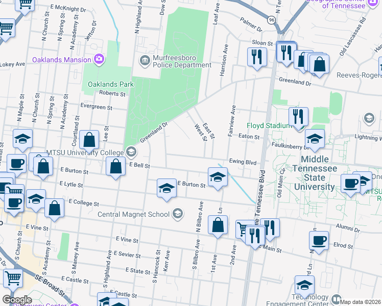 map of restaurants, bars, coffee shops, grocery stores, and more near 723 Ewing Boulevard in Murfreesboro