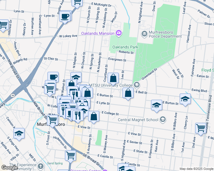 map of restaurants, bars, coffee shops, grocery stores, and more near 513 North Maney Avenue in Murfreesboro