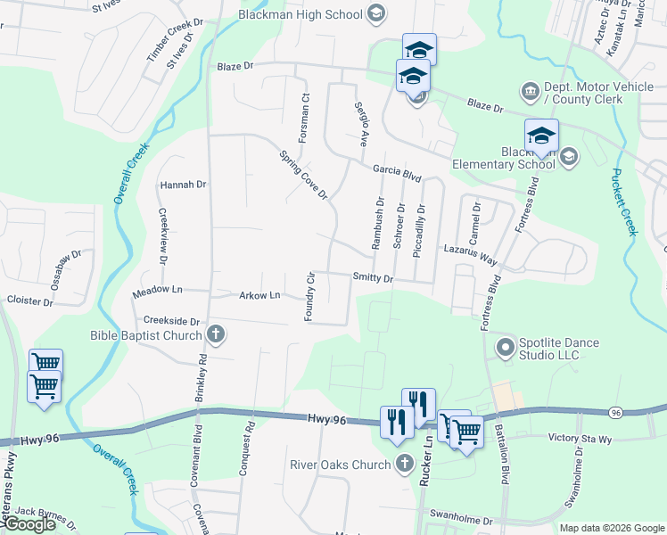 map of restaurants, bars, coffee shops, grocery stores, and more near 4660 Smitty Drive in Murfreesboro
