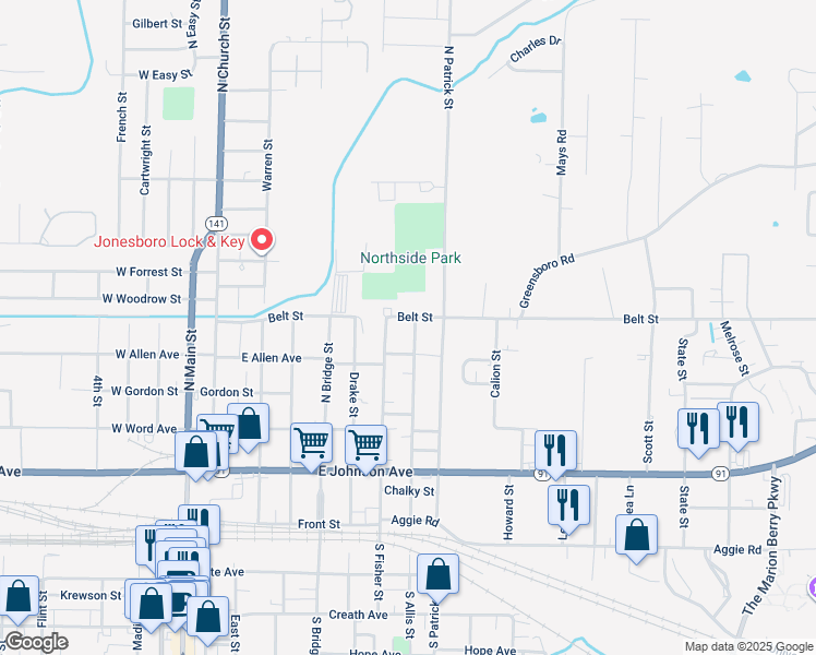 map of restaurants, bars, coffee shops, grocery stores, and more near 427 North Allis Street in Jonesboro