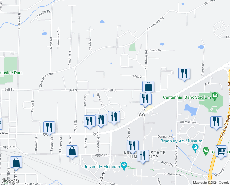 map of restaurants, bars, coffee shops, grocery stores, and more near 2011 Belt Street in Jonesboro