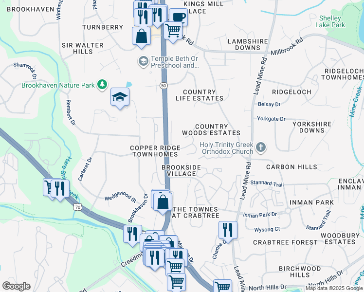 map of restaurants, bars, coffee shops, grocery stores, and more near 4901 Tall Timber Drive in Raleigh