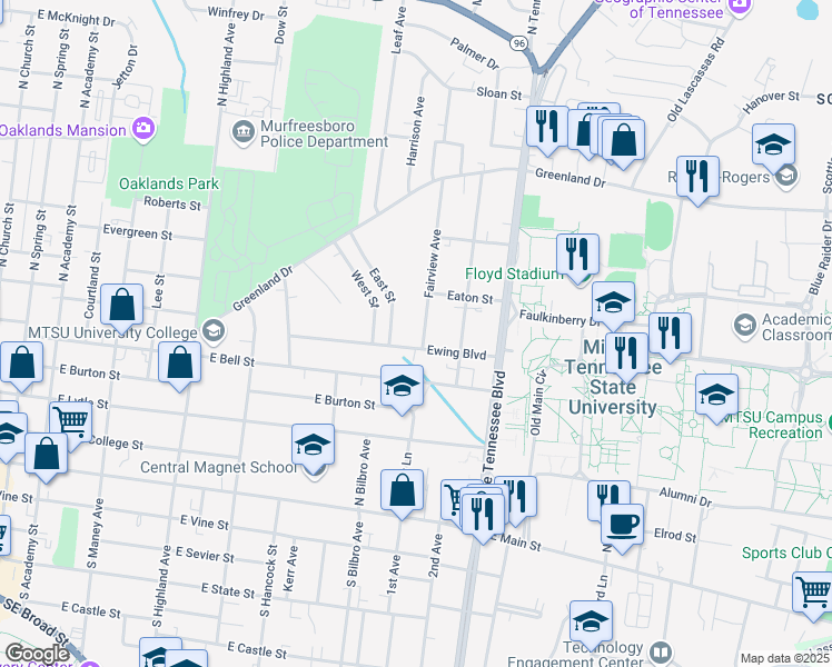 map of restaurants, bars, coffee shops, grocery stores, and more near 611 Fairview Avenue in Murfreesboro