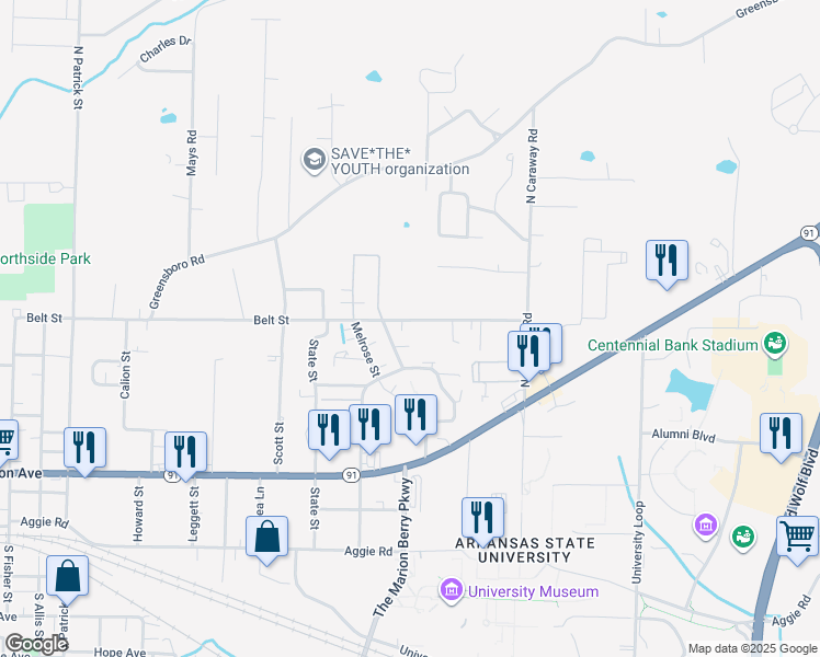 map of restaurants, bars, coffee shops, grocery stores, and more near 2011 Belt Street in Jonesboro