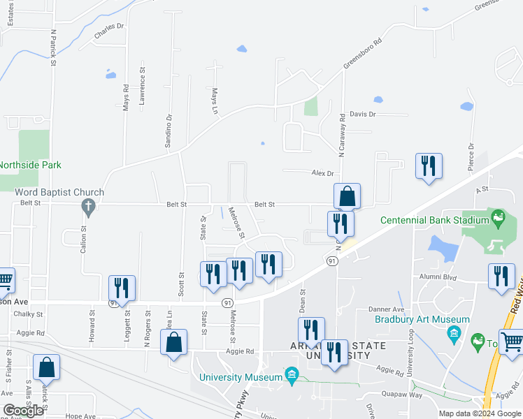 map of restaurants, bars, coffee shops, grocery stores, and more near 2011 Belt Street in Jonesboro