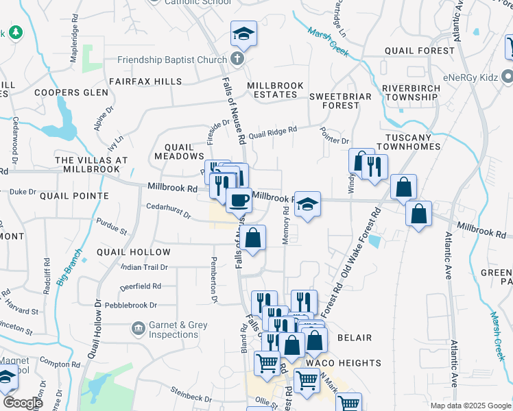 map of restaurants, bars, coffee shops, grocery stores, and more near 5034 Falls of Neuse Road in Raleigh
