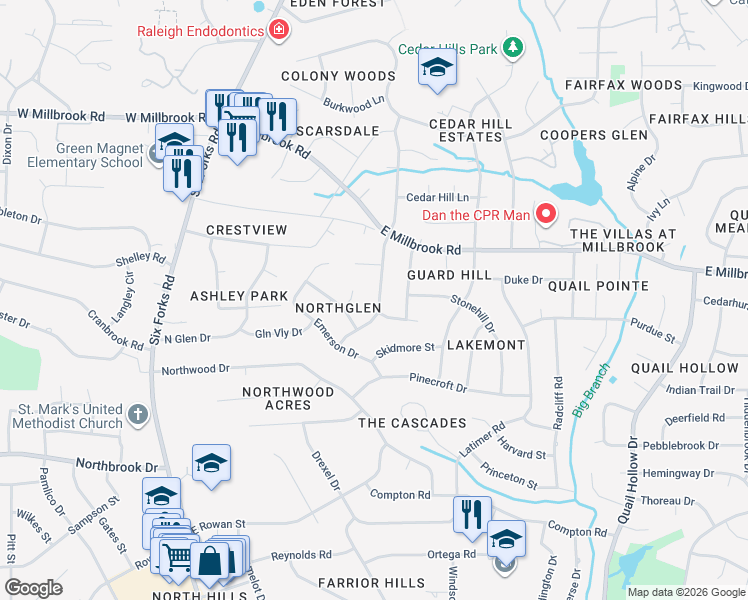 map of restaurants, bars, coffee shops, grocery stores, and more near 5225 Knollwood Road in Raleigh