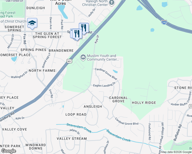 map of restaurants, bars, coffee shops, grocery stores, and more near 5423 Arbor Oak Lane in Raleigh