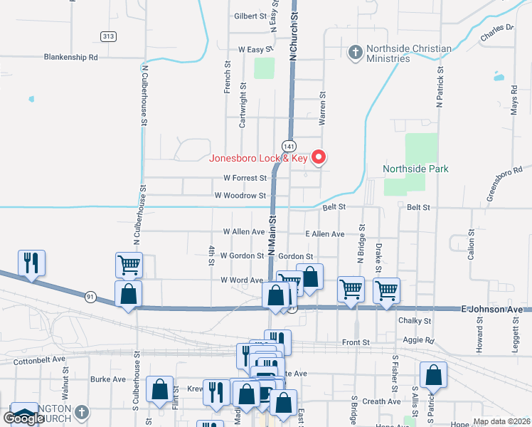map of restaurants, bars, coffee shops, grocery stores, and more near 525 North Main Street in Jonesboro