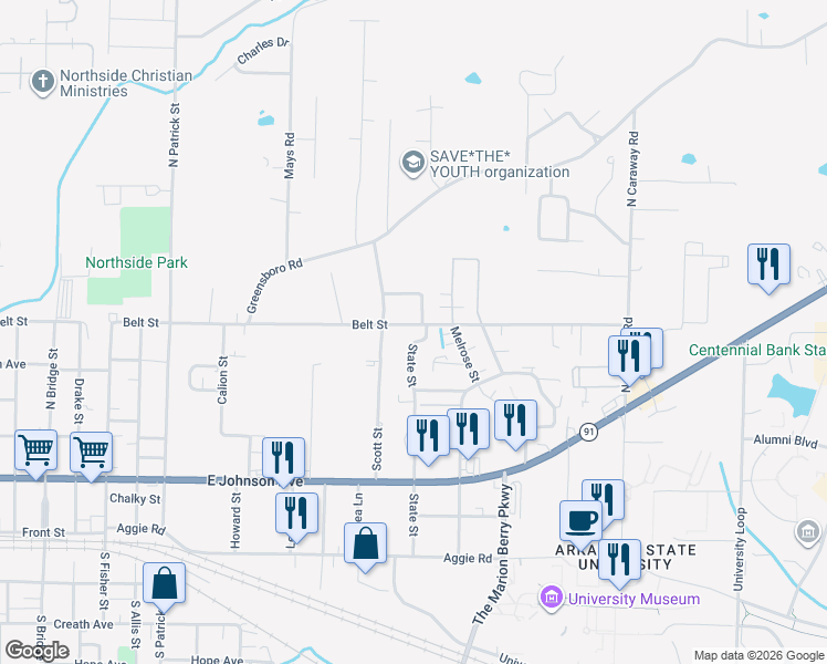 map of restaurants, bars, coffee shops, grocery stores, and more near 521 State Street in Jonesboro