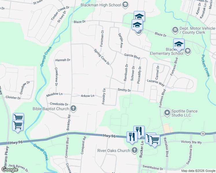 map of restaurants, bars, coffee shops, grocery stores, and more near 4660 Smitty Drive in Murfreesboro