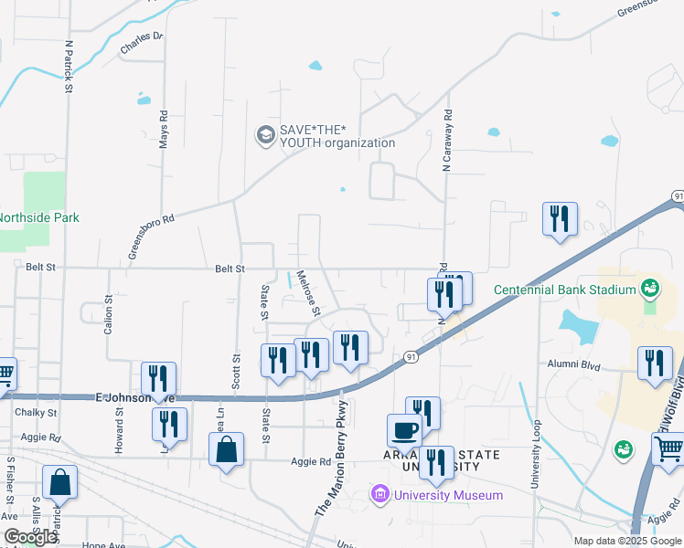 map of restaurants, bars, coffee shops, grocery stores, and more near 2011 Belt Street in Jonesboro