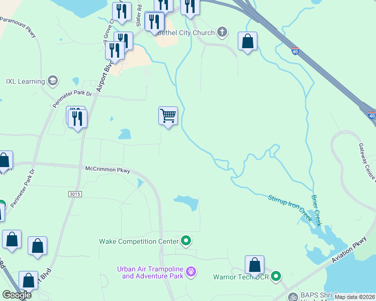 map of restaurants, bars, coffee shops, grocery stores, and more near 204 Trans Air Drive in Morrisville