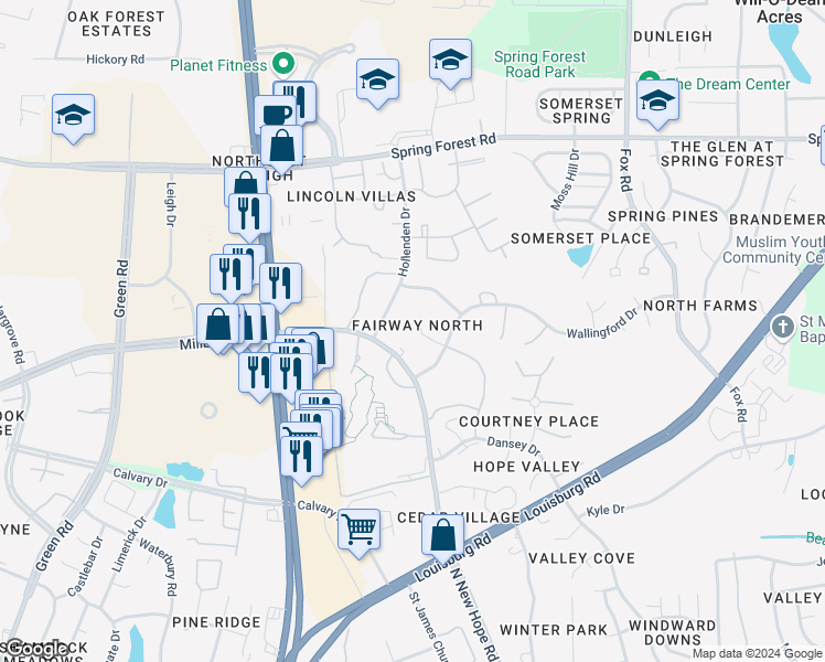 map of restaurants, bars, coffee shops, grocery stores, and more near 4917 Coral Ridge Court in Raleigh