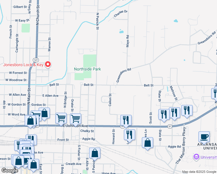 map of restaurants, bars, coffee shops, grocery stores, and more near 421 Calion Street in Jonesboro