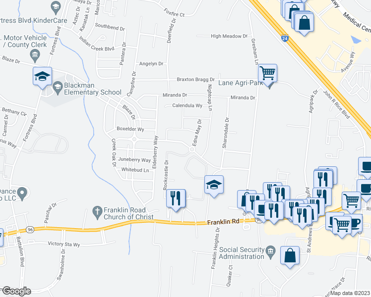 map of restaurants, bars, coffee shops, grocery stores, and more near 3305 Almar Knot Drive in Murfreesboro