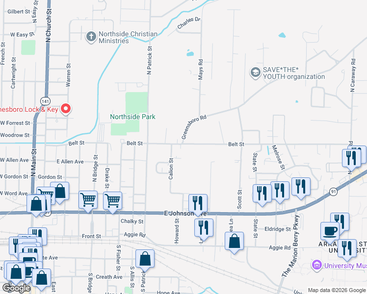 map of restaurants, bars, coffee shops, grocery stores, and more near 402 Habitat Cove in Jonesboro