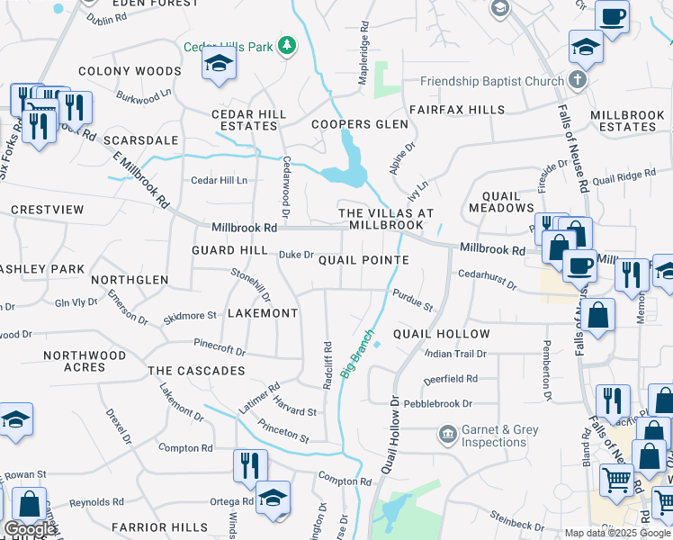 map of restaurants, bars, coffee shops, grocery stores, and more near 4904 Baylor Court in Raleigh