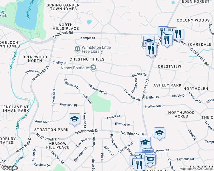 map of restaurants, bars, coffee shops, grocery stores, and more near 821 Cranbrook Road in Raleigh