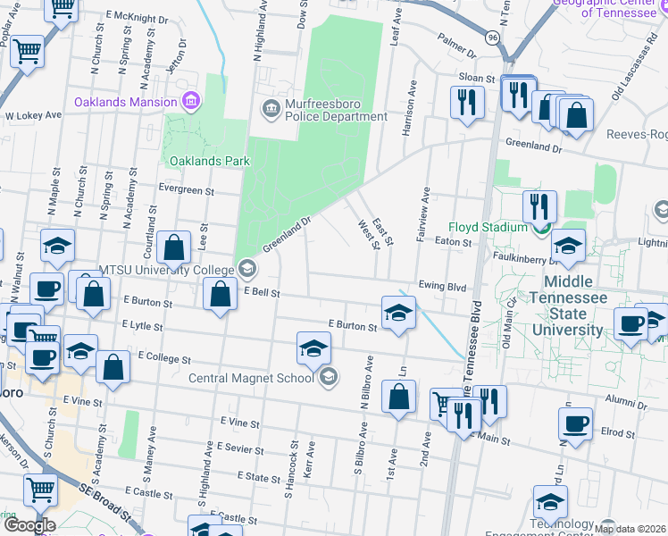 map of restaurants, bars, coffee shops, grocery stores, and more near 723 Ewing Boulevard in Murfreesboro