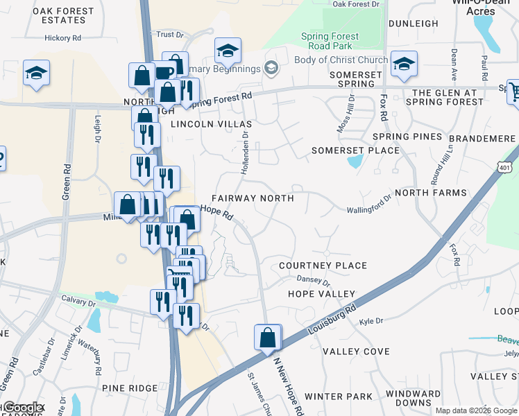 map of restaurants, bars, coffee shops, grocery stores, and more near 4908 Coral Ridge Court in Raleigh