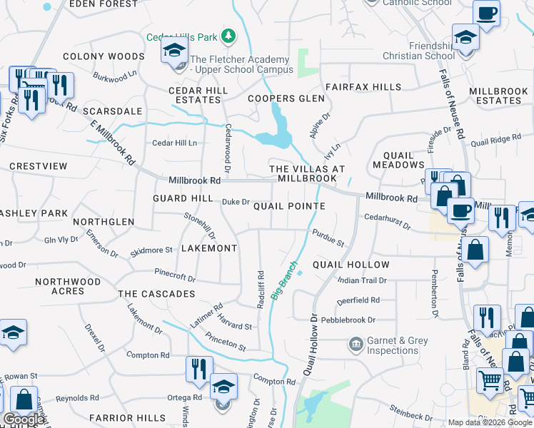 map of restaurants, bars, coffee shops, grocery stores, and more near 4904 Baylor Court in Raleigh