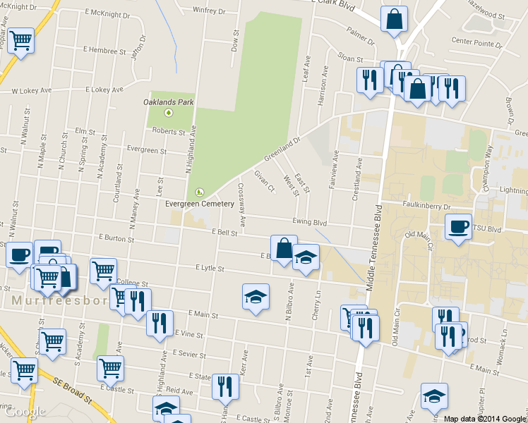 map of restaurants, bars, coffee shops, grocery stores, and more near 723 Ewing Boulevard in Murfreesboro