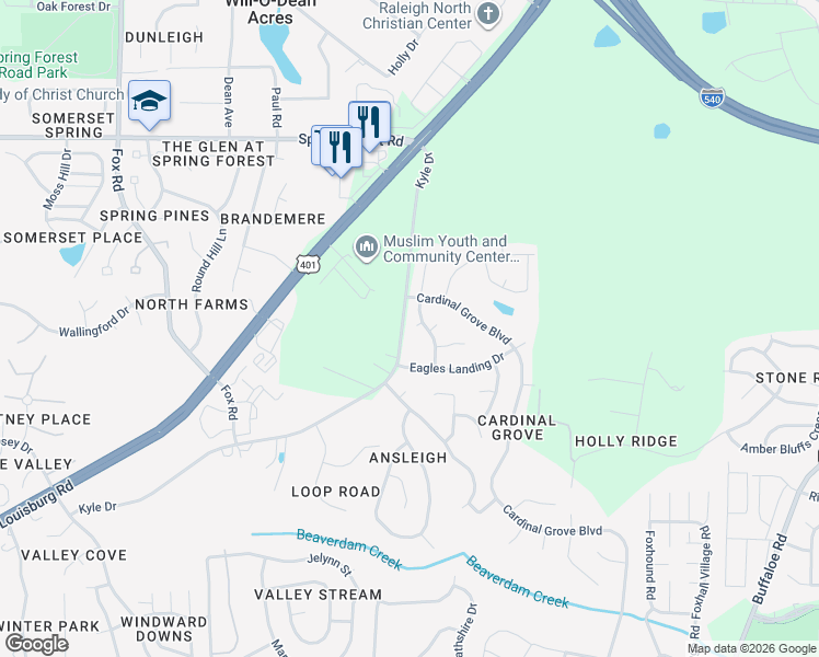 map of restaurants, bars, coffee shops, grocery stores, and more near 5423 Arbor Oak Lane in Raleigh