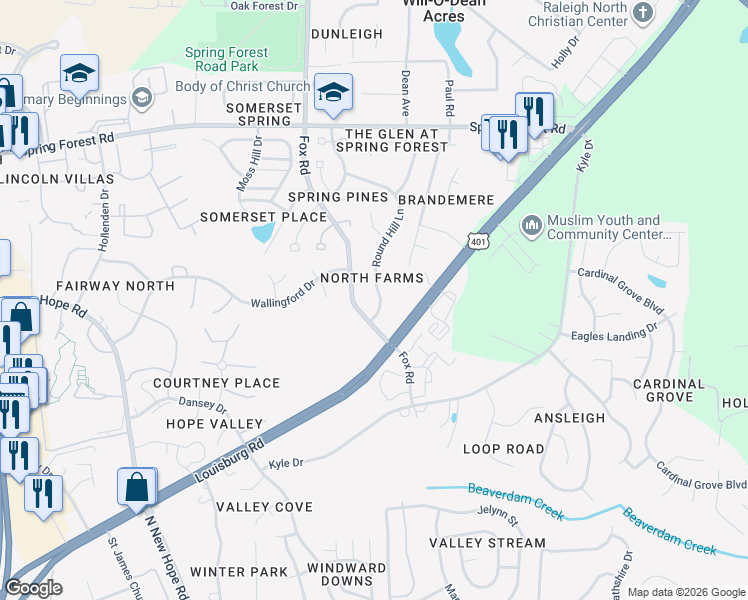 map of restaurants, bars, coffee shops, grocery stores, and more near 5209 Round Hill Lane in Raleigh