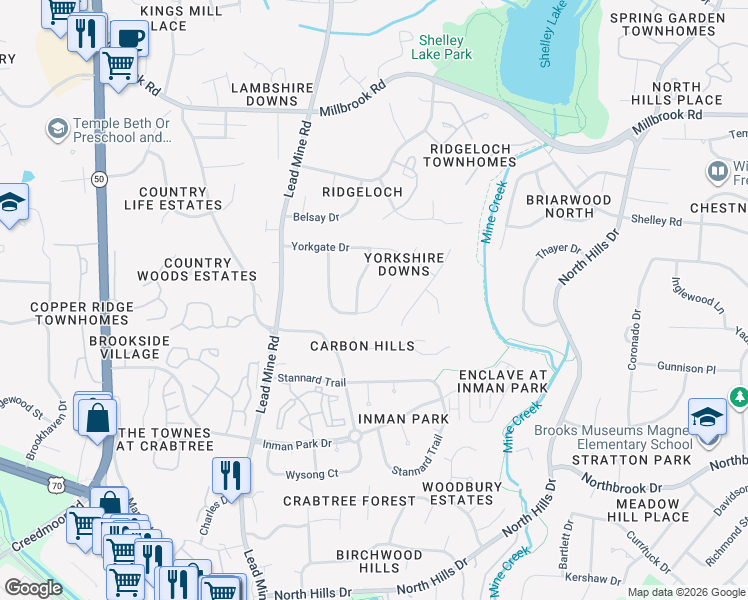 map of restaurants, bars, coffee shops, grocery stores, and more near 5012 Knaresborough Road in Raleigh