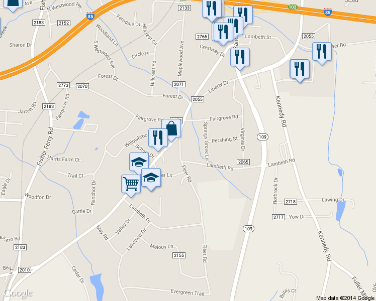map of restaurants, bars, coffee shops, grocery stores, and more near 111 Fleer Road in Thomasville