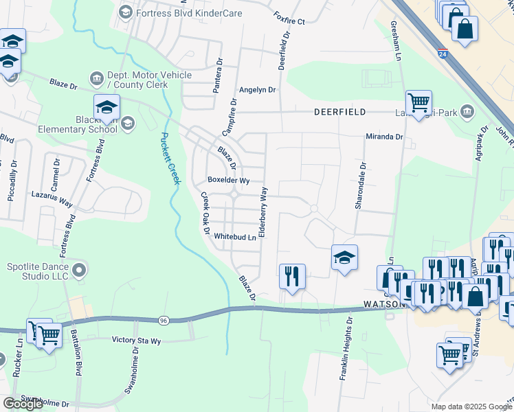 map of restaurants, bars, coffee shops, grocery stores, and more near 3408 Bluespruce Way in Murfreesboro