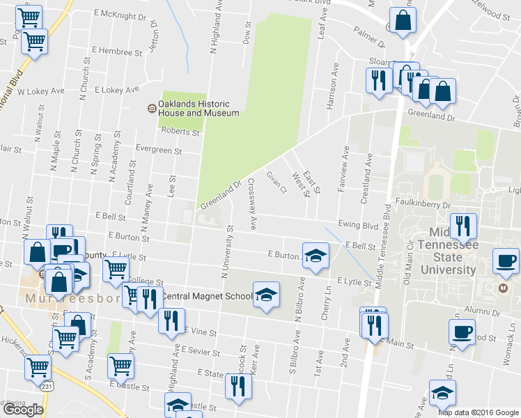 map of restaurants, bars, coffee shops, grocery stores, and more near 705 Ewing Boulevard in Murfreesboro