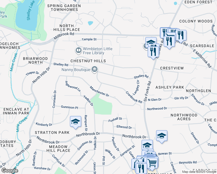 map of restaurants, bars, coffee shops, grocery stores, and more near 821 Cranbrook Road in Raleigh