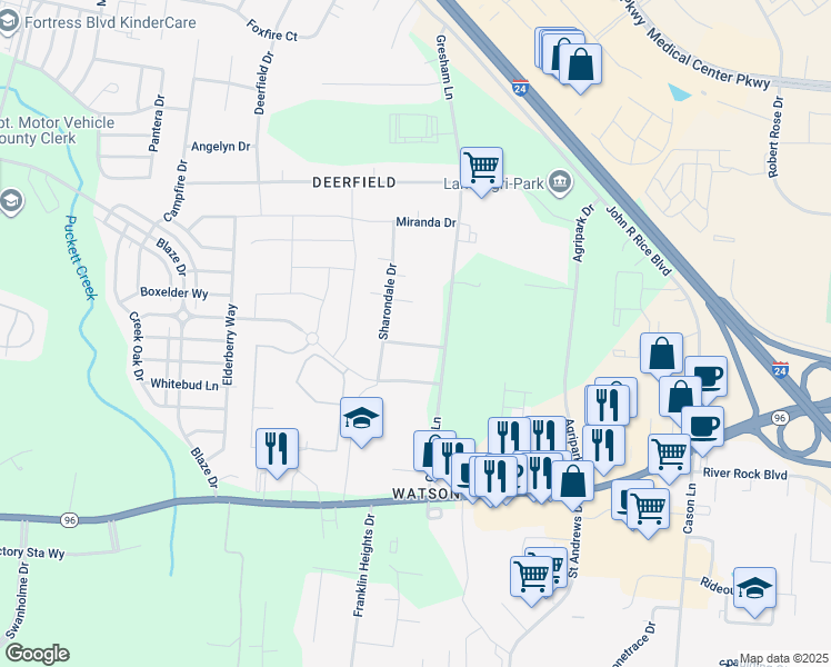 map of restaurants, bars, coffee shops, grocery stores, and more near 2324 Clairmont Drive in Murfreesboro