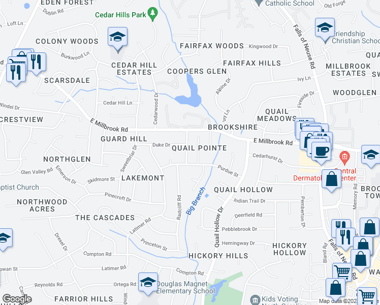 map of restaurants, bars, coffee shops, grocery stores, and more near 4912 Auburn Road in Raleigh