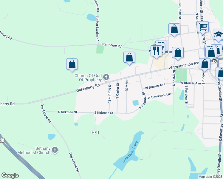 map of restaurants, bars, coffee shops, grocery stores, and more near 111 South Murphy Street in Liberty