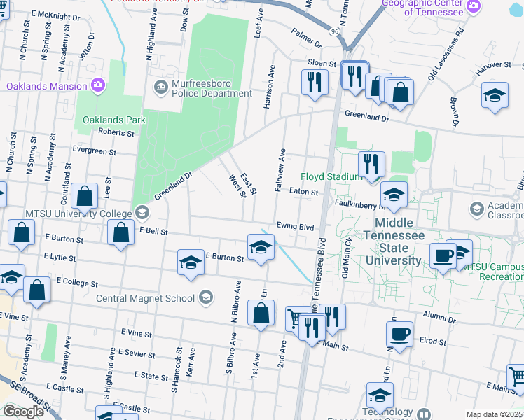 map of restaurants, bars, coffee shops, grocery stores, and more near 611 Fairview Avenue in Murfreesboro