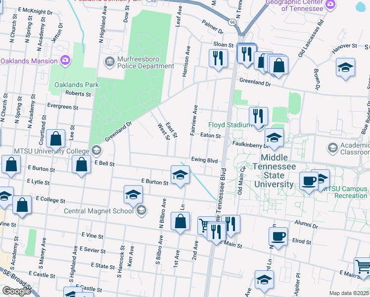 map of restaurants, bars, coffee shops, grocery stores, and more near 611 Fairview Avenue in Murfreesboro