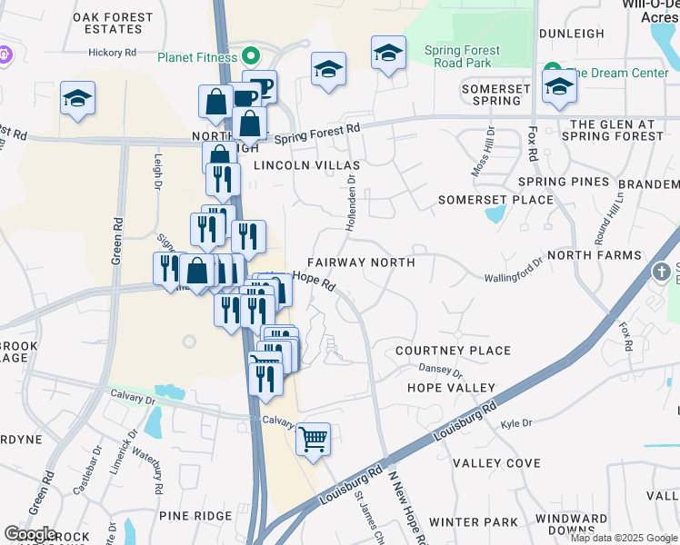 map of restaurants, bars, coffee shops, grocery stores, and more near 4822 Hollenden Drive in Raleigh