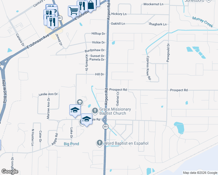 map of restaurants, bars, coffee shops, grocery stores, and more near 604 Airport Road in Jonesboro