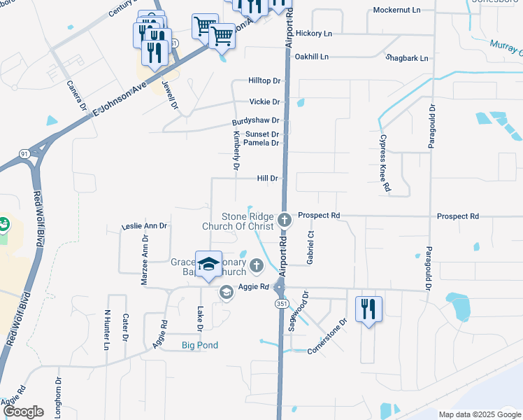 map of restaurants, bars, coffee shops, grocery stores, and more near 4202 Cricket Lane in Jonesboro
