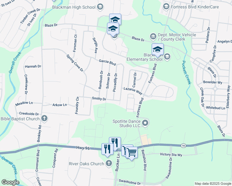 map of restaurants, bars, coffee shops, grocery stores, and more near 516 Piccadilly Drive in Murfreesboro